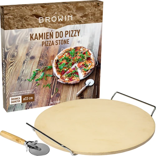 Kamen za pizzu s ručkom i nožem, od kordierita, okrugli 33 cm - 6