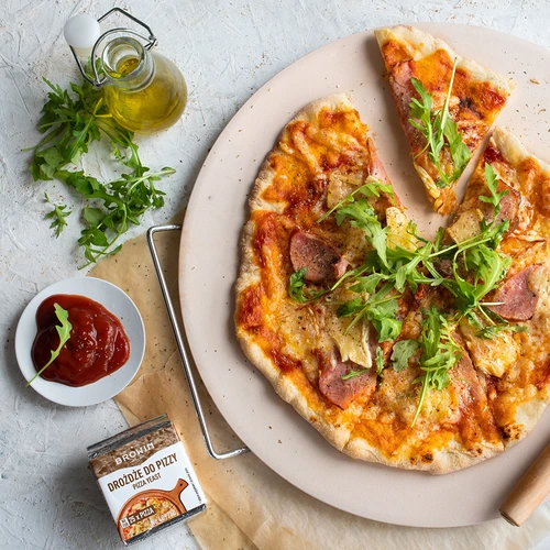 Kamen za pizzu s ručkom i nožem, od kordierita, okrugli 33 cm - 13
