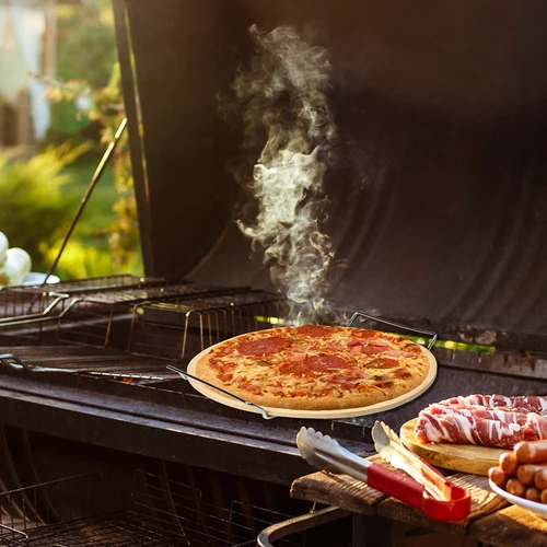 Kamen za pizzu s ručkom i nožem, od kordierita, okrugli 33 cm - 18