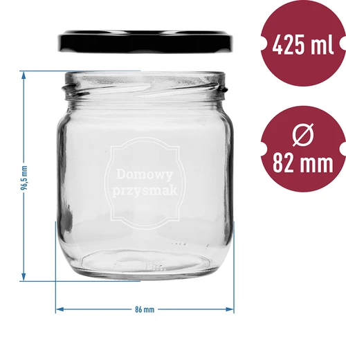 Staklenka TO 425ml s tiskom „Domaća poslastica” i crnim poklopcem fi 82 - 3 kom. - 6