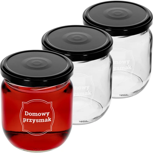 Staklenka TO 425ml s tiskom „Domaća poslastica” i crnim poklopcem fi 82 - 3 kom.