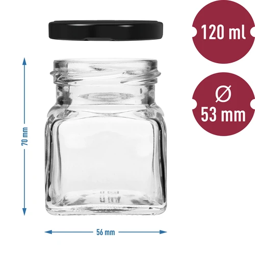 Staklenka twist off 120ml - Četiri kuta fi 53 s crnim poklopcem, 6 kom - 6
