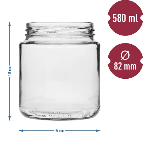 Staklenka twist-off, debeljko 580ml s crnim poklopcem fi 82/6, 6 kom. - 5